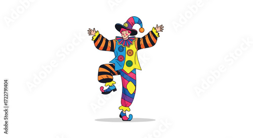 Colorful Clown Character in Harlequin Costume Strikes a Whimsical Pose against a Plain Background