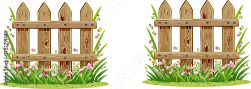 Wooden Fence with Green Grass and Flowers 1.