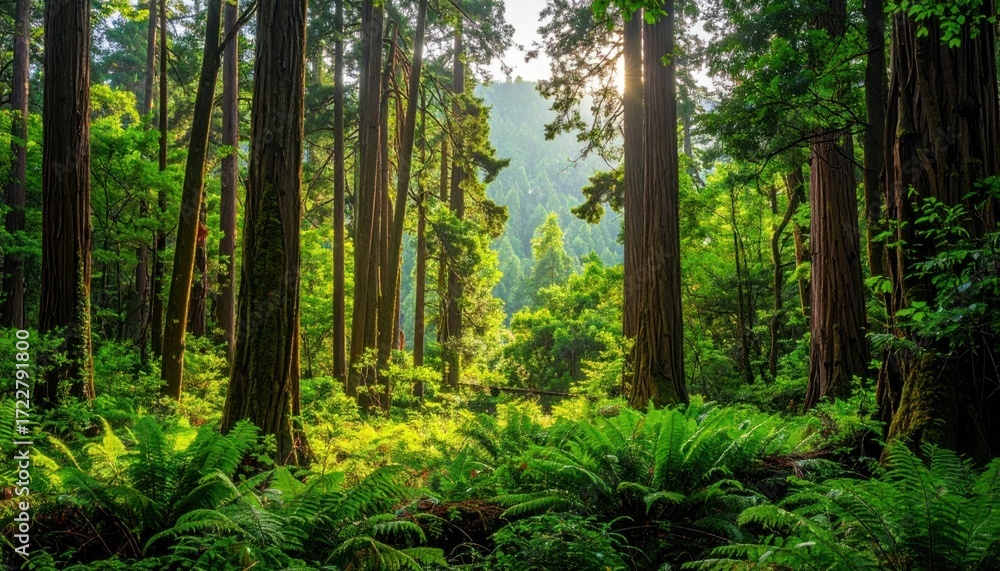 Fototapeta premium Lush forest scene sunlight filters through tall trees onto verdant fern undergrowth, creating a peaceful and vibrant natural landscape
