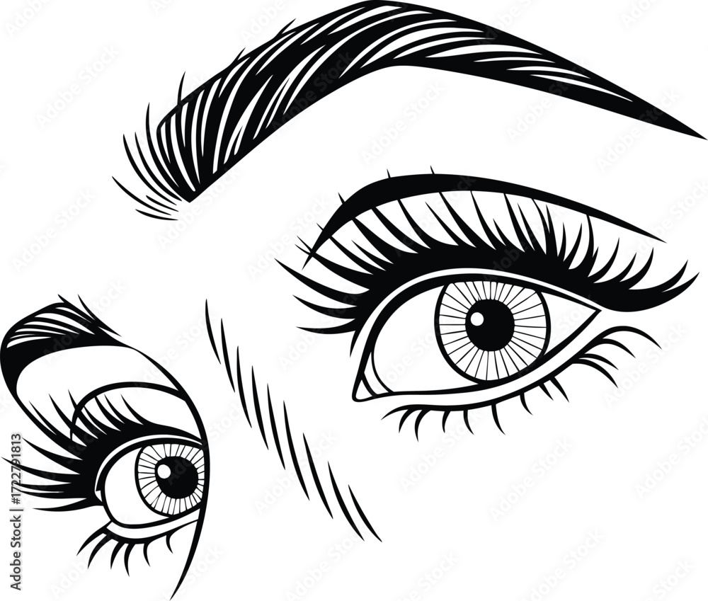 Fototapeta premium Vector art of closeup black and white illustration of a womans eyes with long eyelashes and defined eyebrows