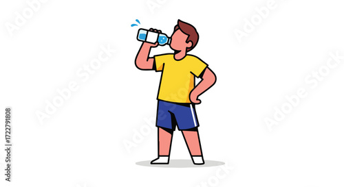 Animated depiction of a young athlete replenishing fluids with mineral water for hydration and well-being amid physical activities