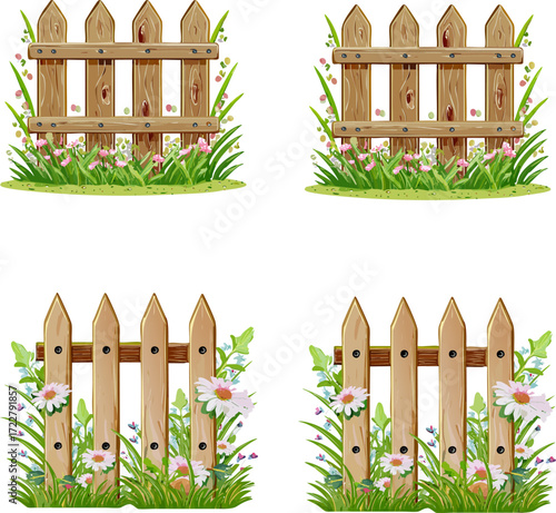 Wooden Picket Fences with Green Grass and Flowers.