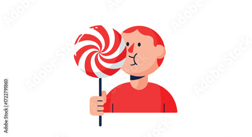 Captivating illustration of a person embracing a giant swirl lollipop with an joyful expression displayed against a stark white backdrop showing
