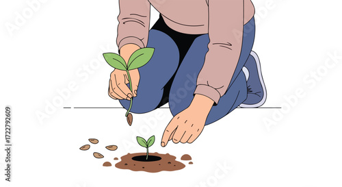 Illustration showcasing a person carefully planting a small sapling with tender care for environmental consciousness and growth emphasis