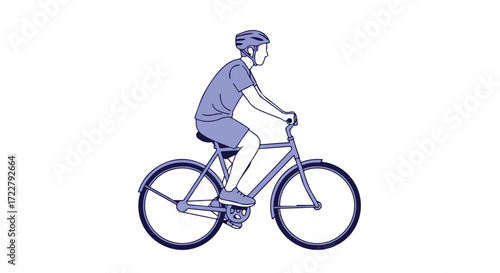 Cycling Illustration: A man wearing a helmet riding a bicycle against a white background providing a clean and simple visual representation