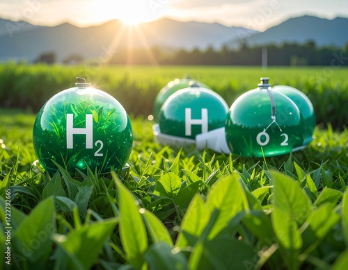 Green Hydrogen H2 gas molecule. Production of green hydrogen energy powered by renewable electricity