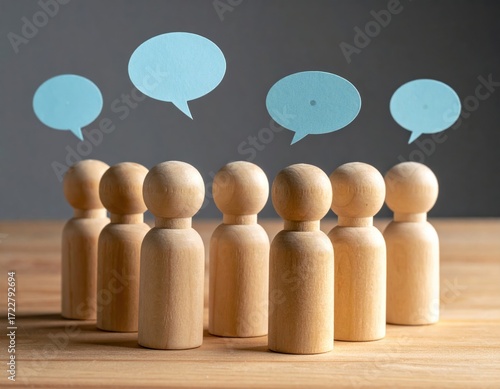 Wooden figurines gather with blue speech bubbles floating above, symbolizing conversation, community, and collective thought on a wood surface