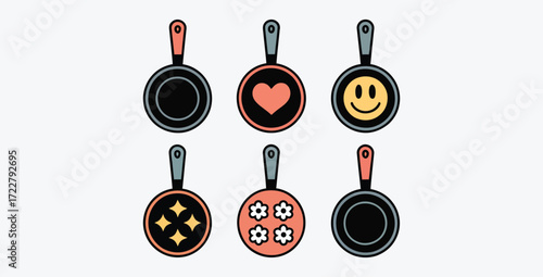 Fun and Playful Frying Pans with Decorative Designs Illustration