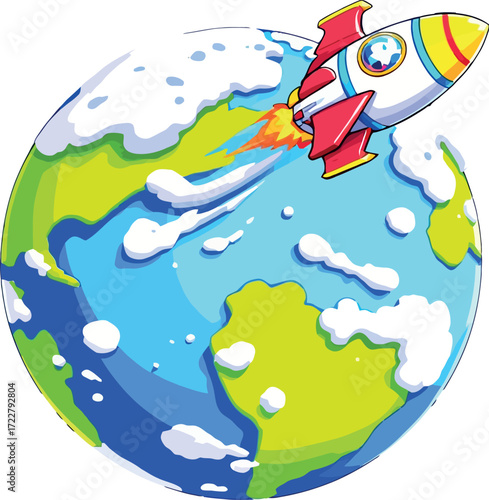 Vsai rocket spaceship launching from earth globe into space