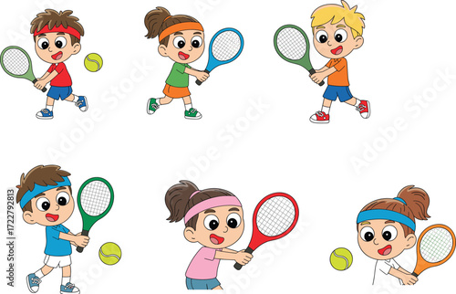 Kids playing tennis cartoon characters with rackets and balls, fun sports activity illustration, cad drawing flat vector illustration