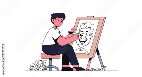 Illustrative caricature artist at work creating a joyful portrait on a easel, surrounded by his tools and previous artwork with a playful smile