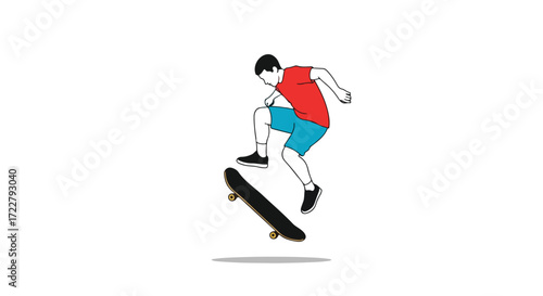 Capturing airborne skateboard trick action with a dynamic composition and bold colors in a minimalist style