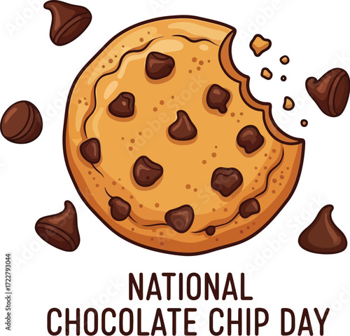 Deliciously bitten chocolate chip cookie with flying chips, celebrating National Chocolate Chip Day