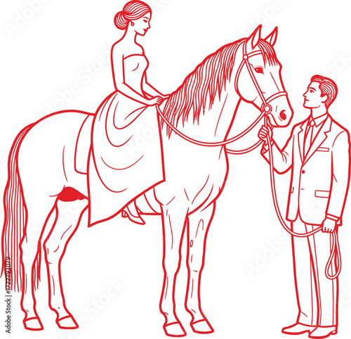 Bride riding a horse with groom in red line art for wedding illustration on transparent background