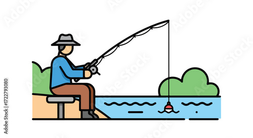 Cartoon illustration of a man fishing by a river, embodying leisure and outdoor recreation, with a clear sky providing an idyllic setting for