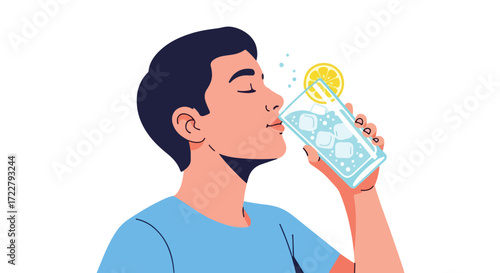 Illustration depicting a man quenching thirst with a refreshing glass of iced water and a lemon slice for a healthy and balanced lifestyle