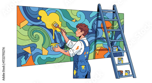Creative expression of artistic muralist using brush and bright colors on captivating artwork, using ladder for higher spots, demonstrating