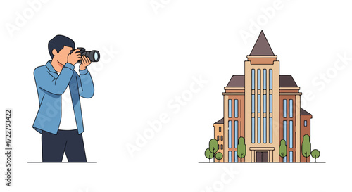 Architectural photography: A photographer capturing a classical building in a clean, minimalist style illustration