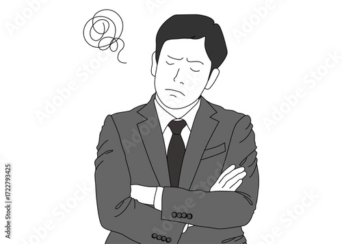 腕組みをして考え込む 悩むサラリーマン男性のイラスト 上半身正面 モノクロ