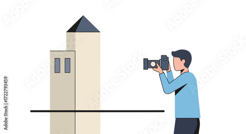 Illustrative depiction of a photographer capturing an image of a towering structure showcasing architectural appreciation and visual storytelling