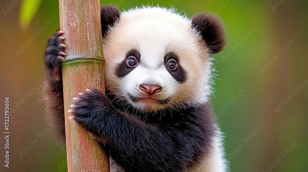 Fototapeta premium Cute Baby Panda Clinging to Bamboo with Big Expressive Eyes