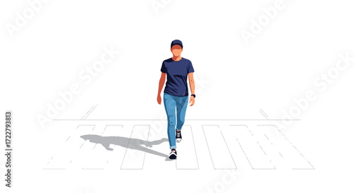 Woman walking on a pedestrian crossing in minimal style, simple and modern illustration design for urban concept,  isolated on white background