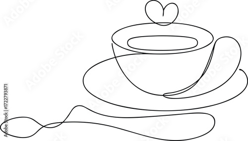 Black line art coffee cup saucer and spoon with heart