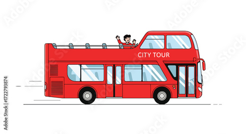 Cartoon illustration of a speeding red double-decker bus offering city tours with a happy passenger waving from the open top deck adventure ride