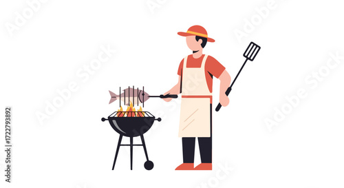 Isolated vector illustration of a faceless character grilling a fish on a barbecue ready to enjoy the outdoors with simple shapes and bright colors