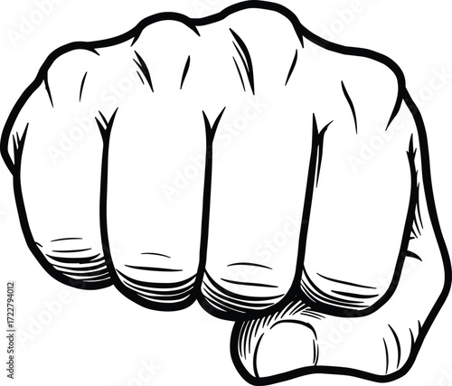 Cartoon clenched fist illustration, powerful punch hand drawing, strong human fist artwork, vector design symbol of strength, fight, power, aggression, courage