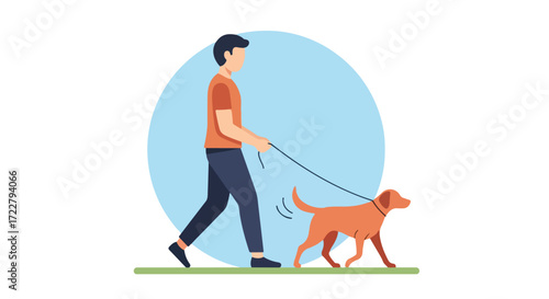 A stylized depiction of a man walking his brown dog on a leash with a serene blue background design portraying companionship and pet ownership