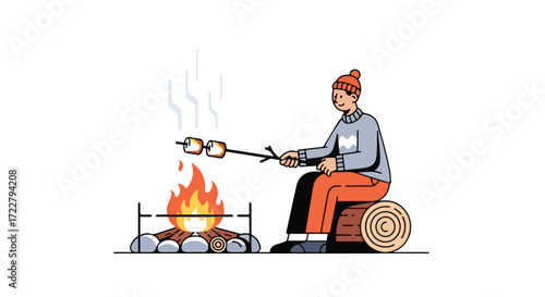 Cozy evening by the campfire: A person roasting marshmallows on a stick under the open sky creating a moment of peace and relaxation outdoors