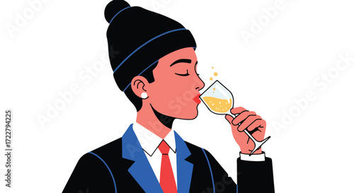 Stylized depiction of a person sipping sparkling wine, wearing a suit and distinctive hat, against a clean backdrop, creating a moment of elegance
