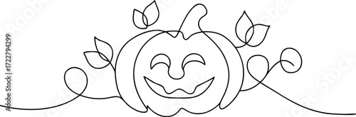 Black line art happy jack o lantern with leaves halloween