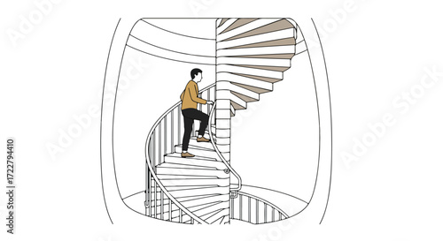 Ascending Architectural Structure: A Drawn Perspective of a Figure on a Winding Staircase within a Cylindrical Enclosure