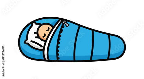 Cartoon illustration depicting a person sleeping soundly inside a blue sleeping bag for comfort and rest during outdoor adventures