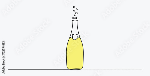 Minimalist champagne bottle illustration with bubbles on simple white background
