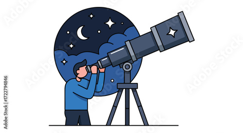 Astronomer Observes Celestial Wonders Through Telescope Illustration on a Starry Night