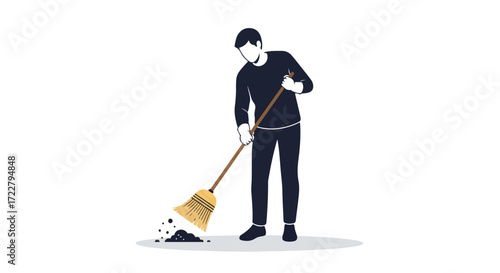 Illustration of a man sweeping with a broom showing cleanliness and home chores minimal design style isolated on white for cleaning services