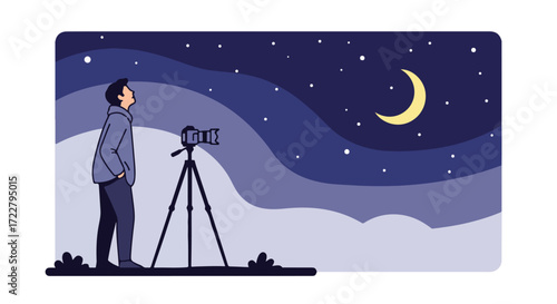 Capturing Celestial Beauty: A Photographer's Night Underneath the Starry Sky and Crescent Moon Panorama