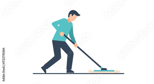 Minimalist illustration of a person cleaning a floor using a flat mop in a stylized and simple modern design style