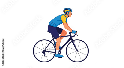 A cyclist rides a bicycle on a road, capturing the essence of athletic performance and movement in a clean, stylized vector illustration