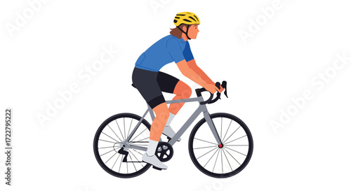 Illustration showcasing a determined cyclist riding a road bike with safety gear on a white background featuring minimalist design principles