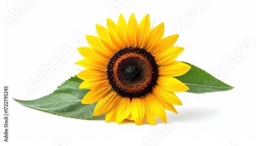 Wallpaper Mural Radiant sunflower with golden petals and dark center, resting on two lush green leaves, isolated against a crisp white backdrop Torontodigital.ca