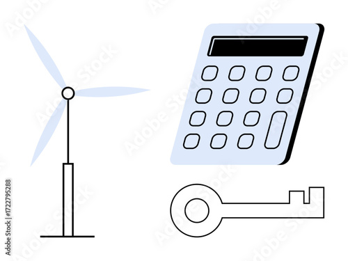 Wind turbine with moving blades, a calculator, and a key symbolizing clean energy, financial decisions, and unlocking potential. Ideal for renewable energy, investment planning, problem-solving