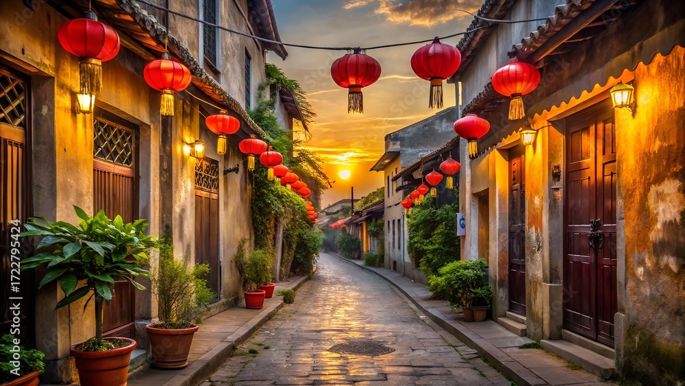 Obraz premium Vietnam Travel Photography of Hoi An Old Town with Lanterns, Hoi An Lantern Streets in Vietnam at Dawn