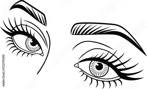 Vector art of closeup illustration of two stylized eyes with dramatic eyelashes and eyebrows