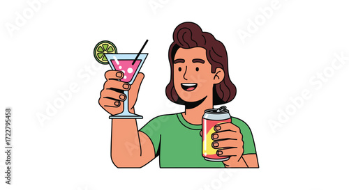 Character enjoying a cocktail and a soft drink, depicting relaxation and mixed drink preferences, vector illustration of cheerful character