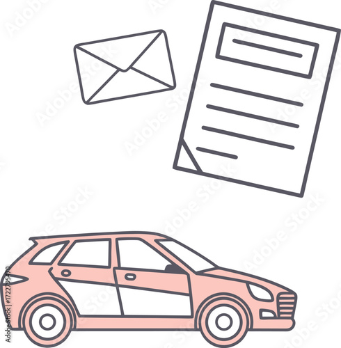 Illustration of a car, envelope, and document