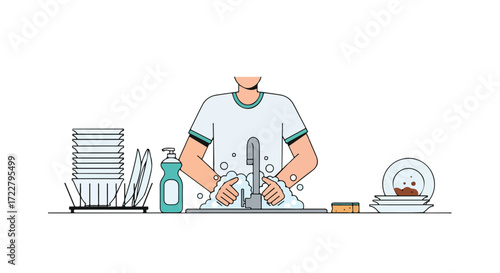 Person washing dishes with soap and water in kitchen sink, stacked plates and dirty dishes, cartoon style illustration for household chores scene